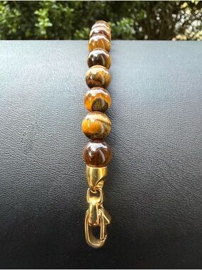 Tiger Eye Beaded Bracelet with Gold Clasp - Brown